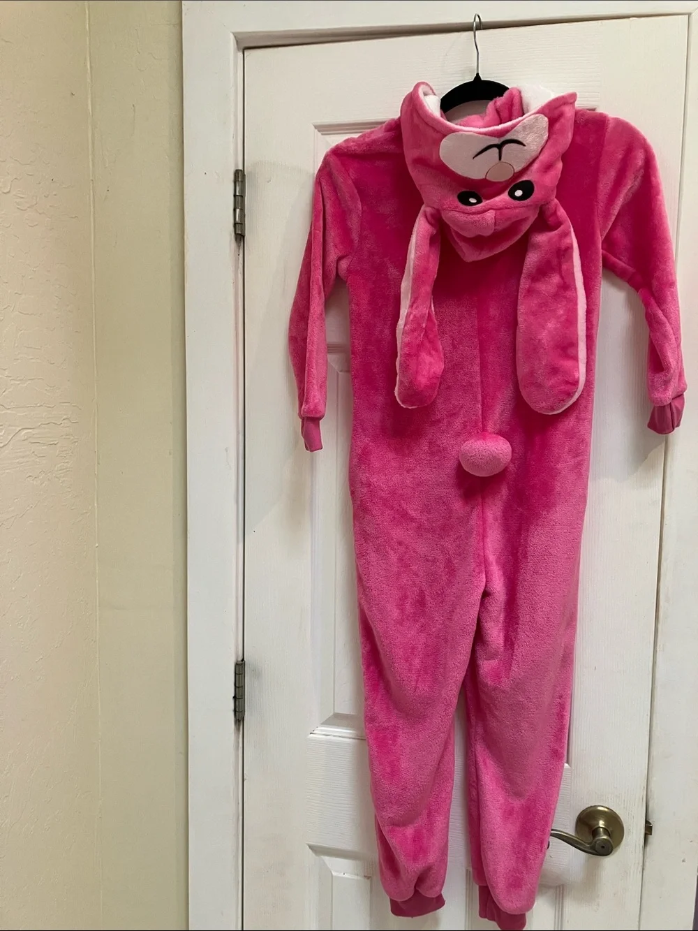 Kids Plush Hooded Bunny One-Piece Bodysuit in Pink with White Front
